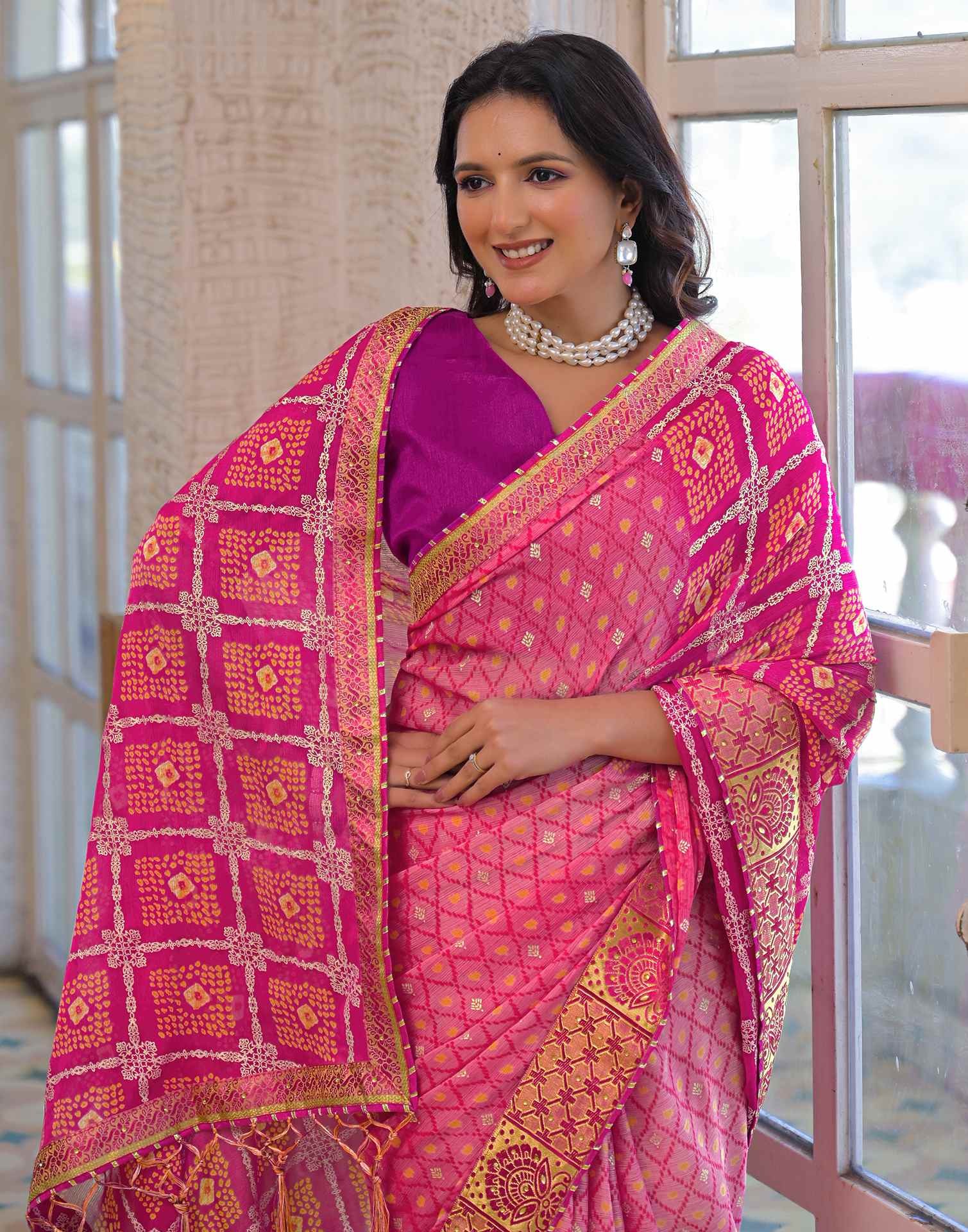 Light Pink Chiffon Foil Printed Bandhani Saree