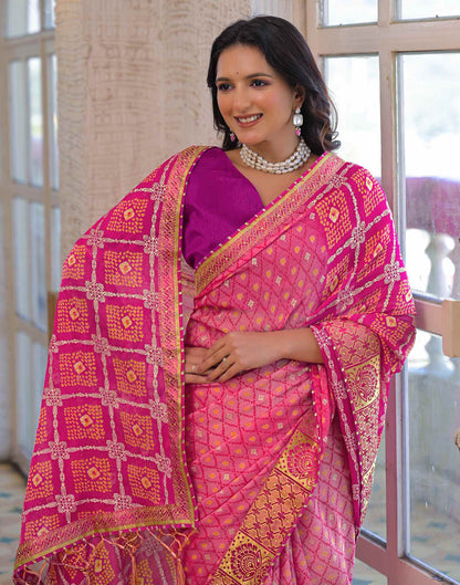 Light Pink Chiffon Foil Printed Bandhani Saree