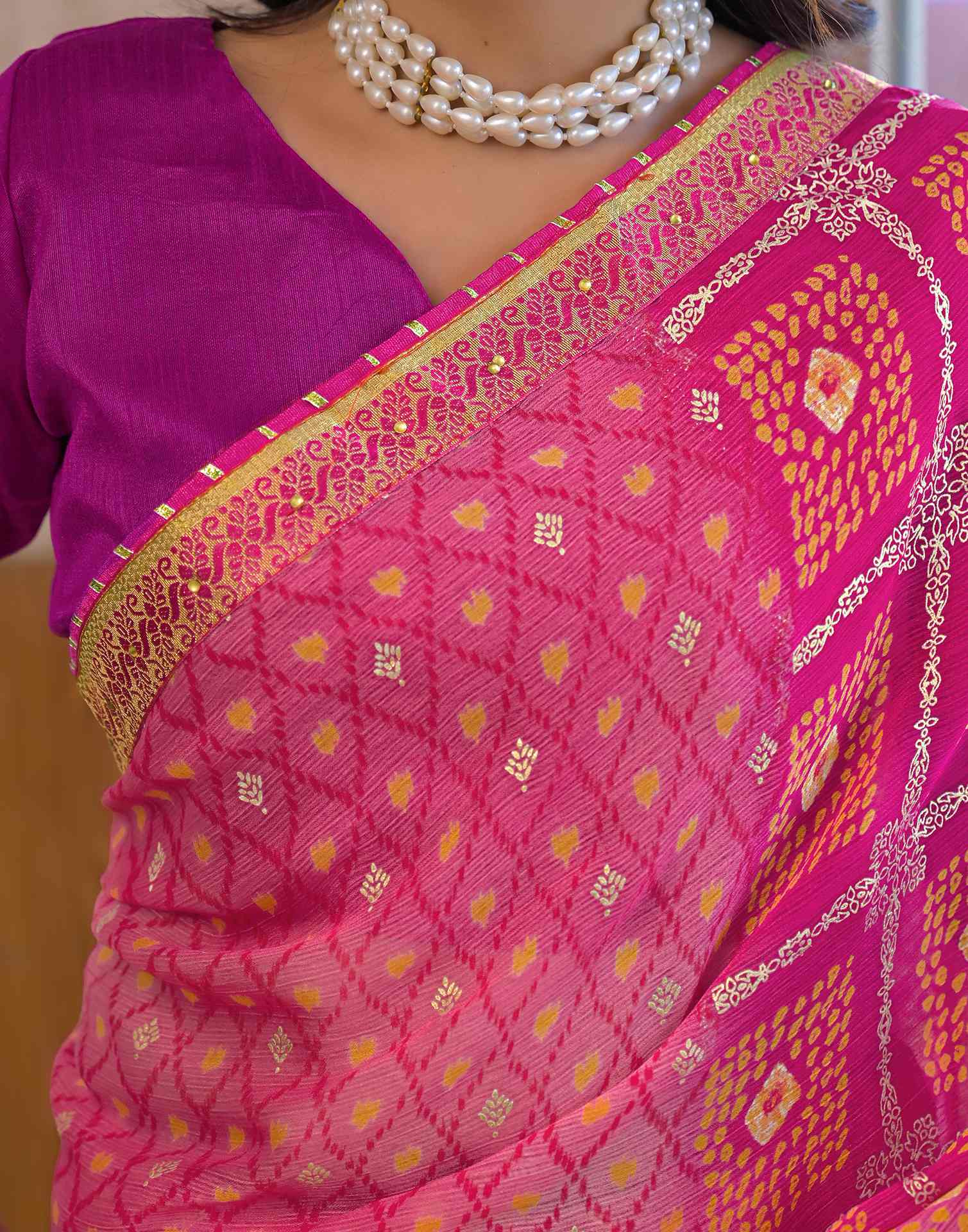 Light Pink Chiffon Foil Printed Bandhani Saree