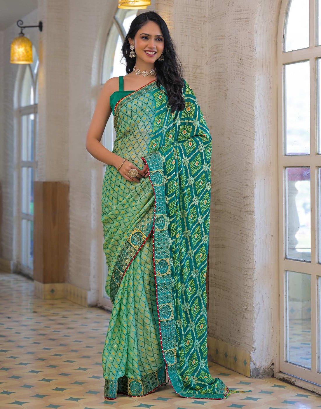 Pista Green Chiffon Foil Printed Bandhani Saree