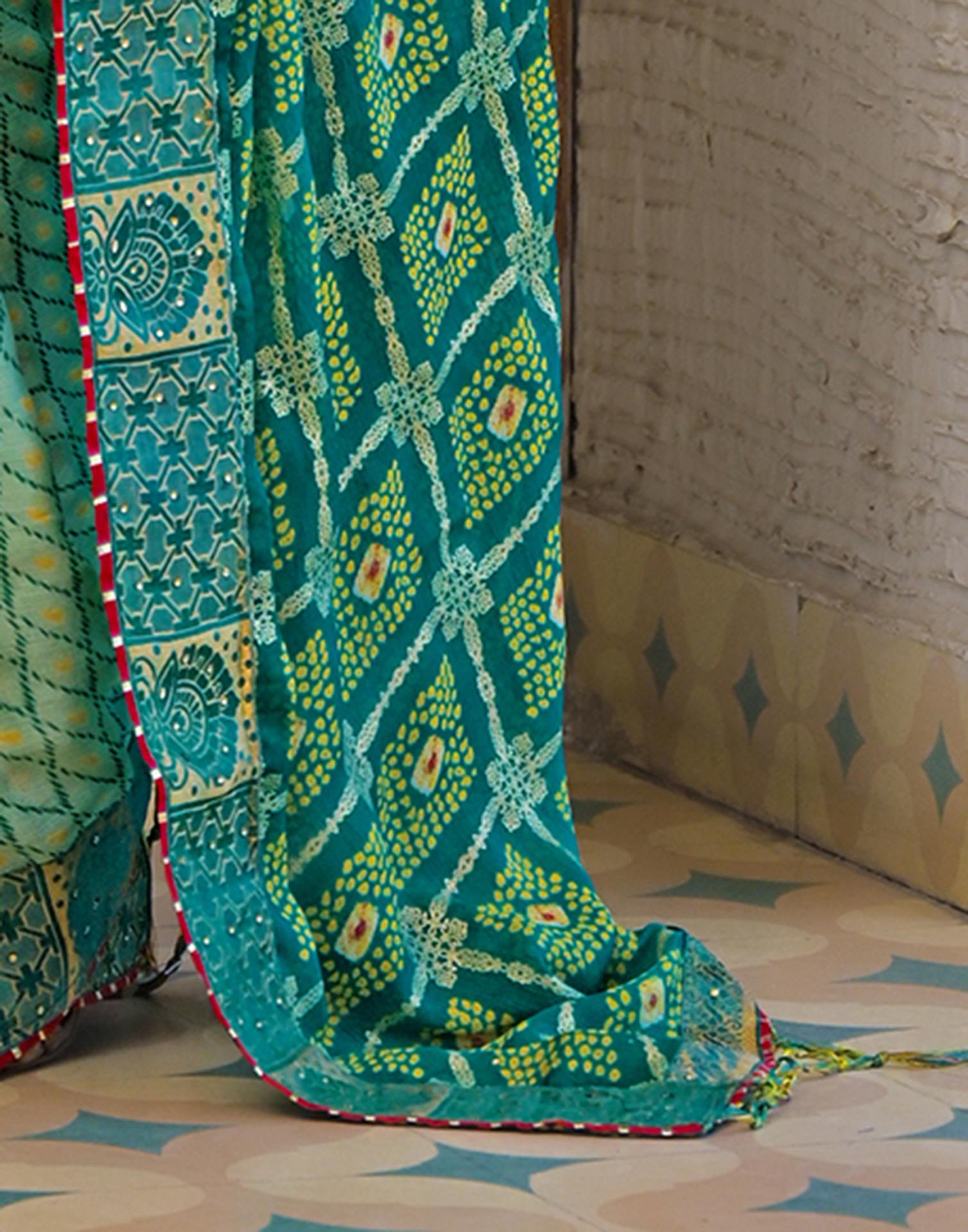 Pista Green Chiffon Foil Printed Bandhani Saree