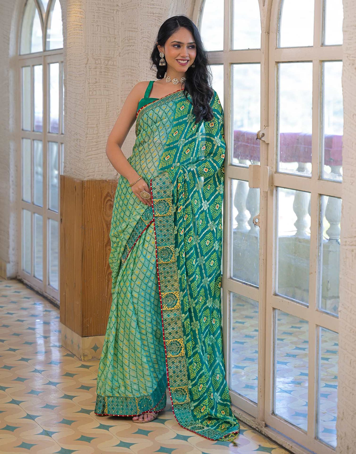 Pista Green Chiffon Foil Printed Bandhani Saree