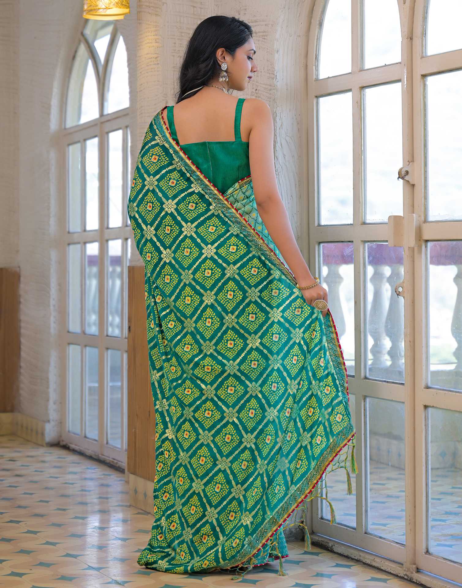 Pista Green Chiffon Foil Printed Bandhani Saree