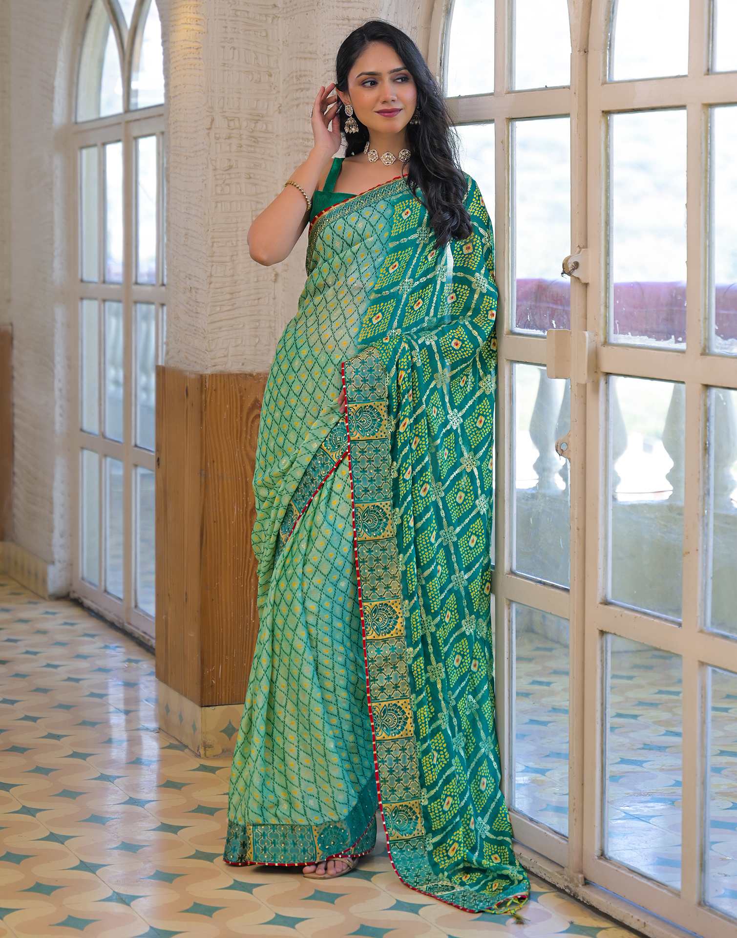 Pista Green Chiffon Foil Printed Bandhani Saree