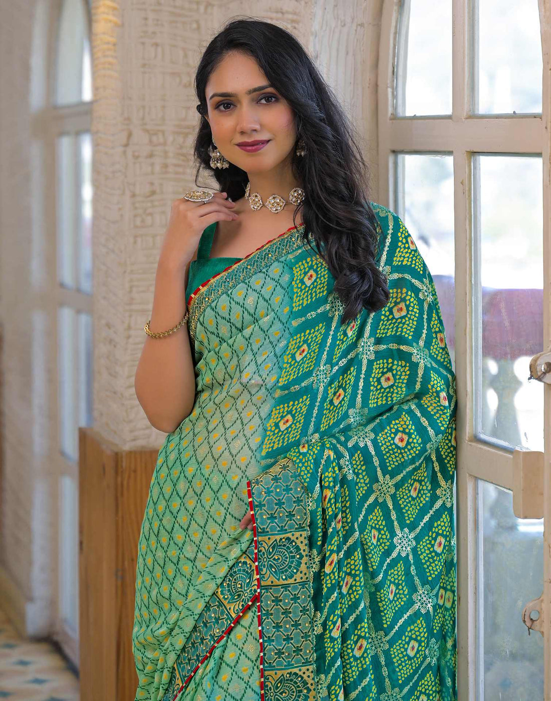Pista Green Chiffon Foil Printed Bandhani Saree