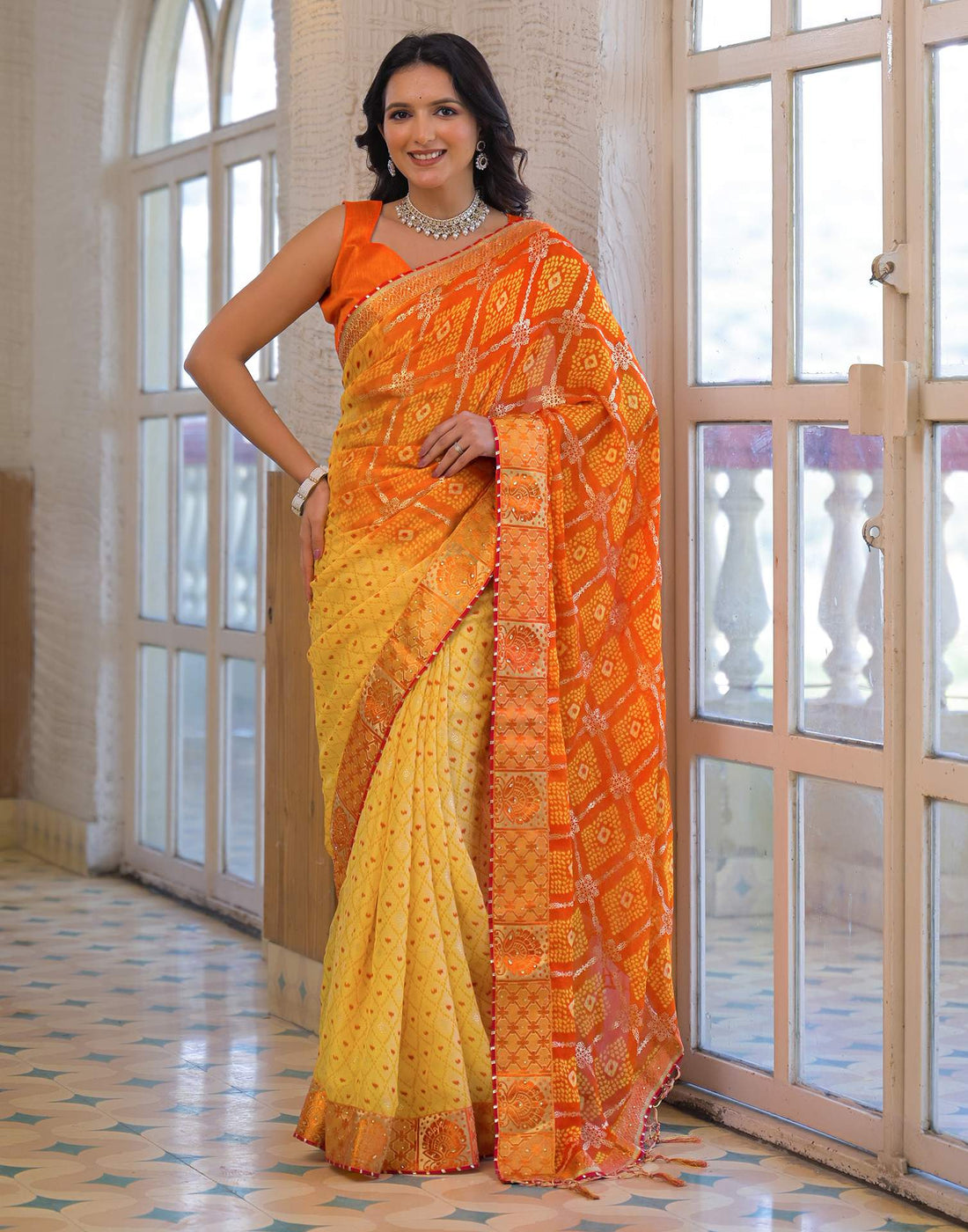 Light Yellow Chiffon Foil Printed Bandhani Saree