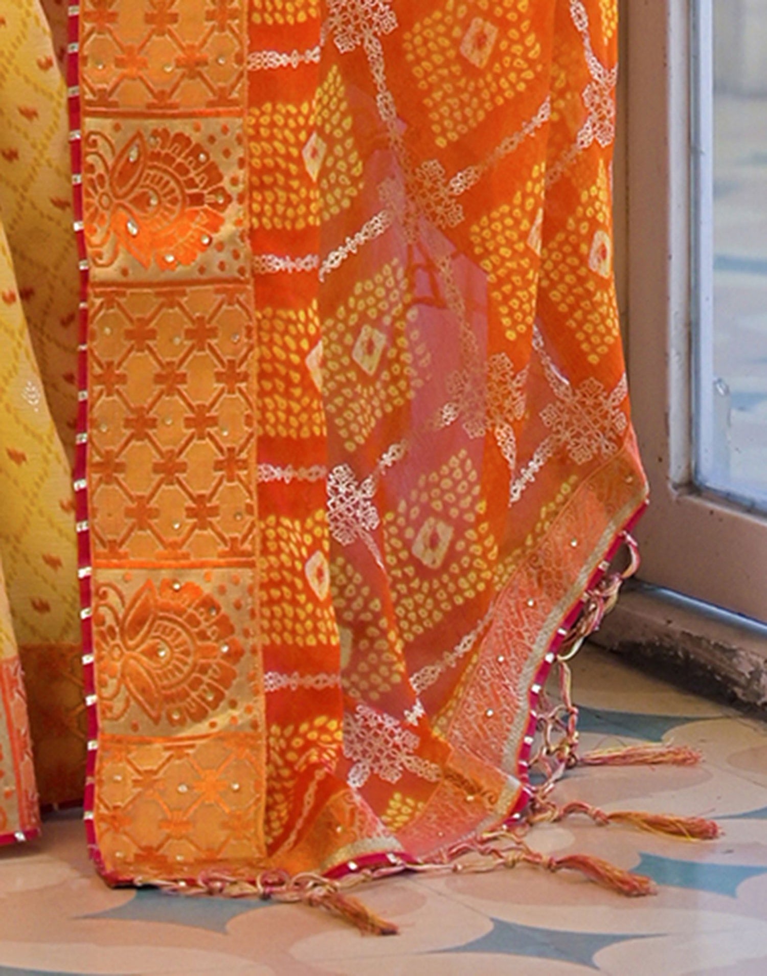 Light Yellow Chiffon Foil Printed Bandhani Saree