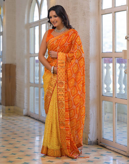 Light Yellow Chiffon Foil Printed Bandhani Saree