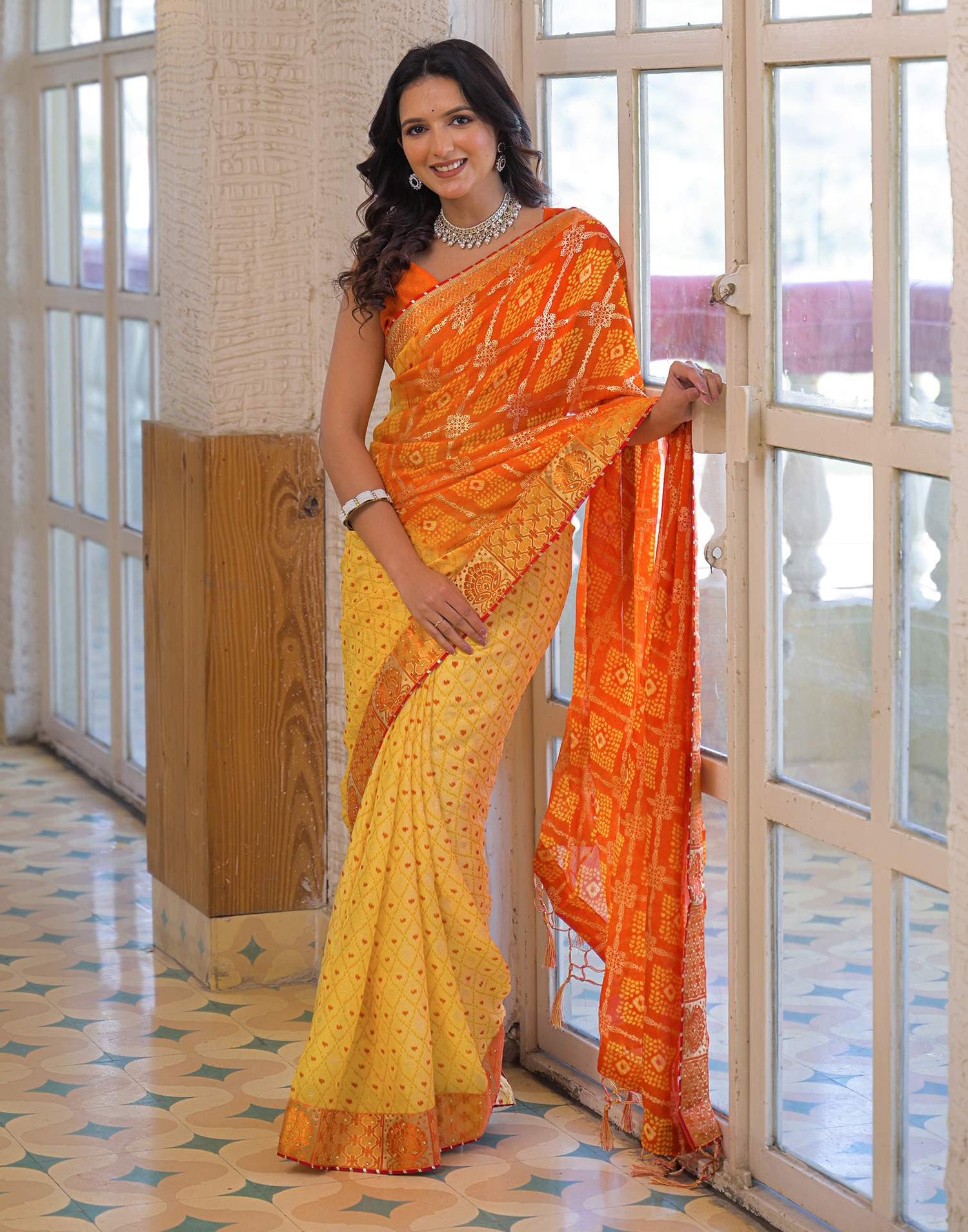 Light Yellow Chiffon Foil Printed Bandhani Saree