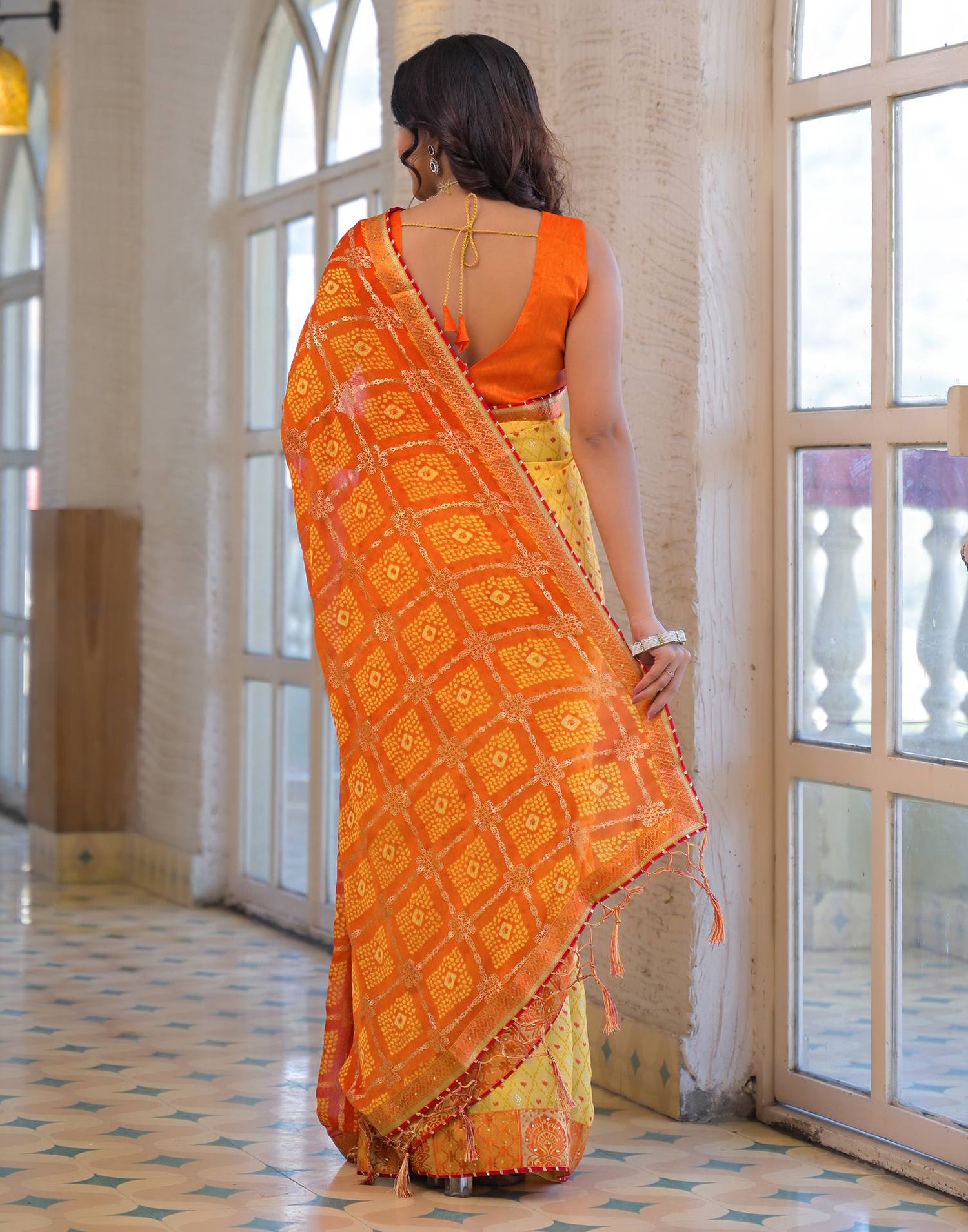 Light Yellow Chiffon Foil Printed Bandhani Saree