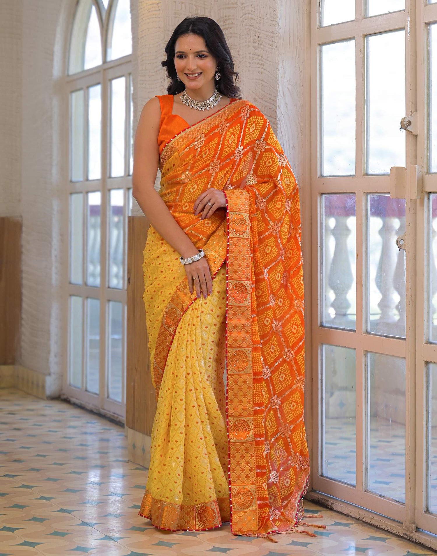 Light Yellow Chiffon Foil Printed Bandhani Saree