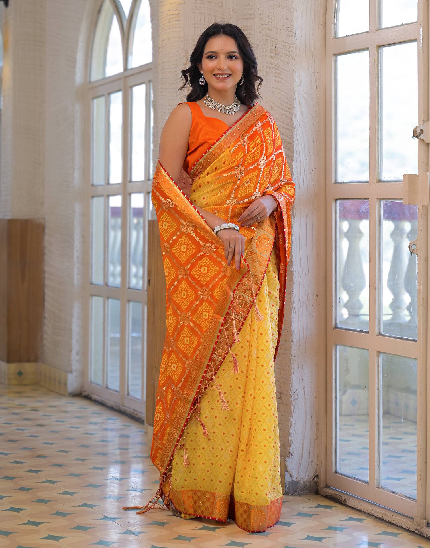 Light Yellow Chiffon Foil Printed Bandhani Saree