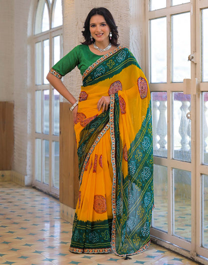 Yellow Georgette Bandhani Printed Lace Saree