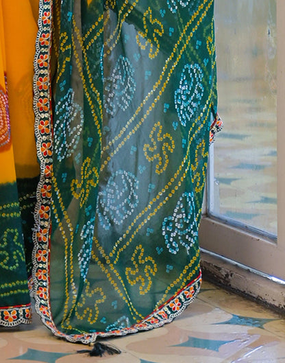 Yellow Georgette Bandhani Printed Lace Saree