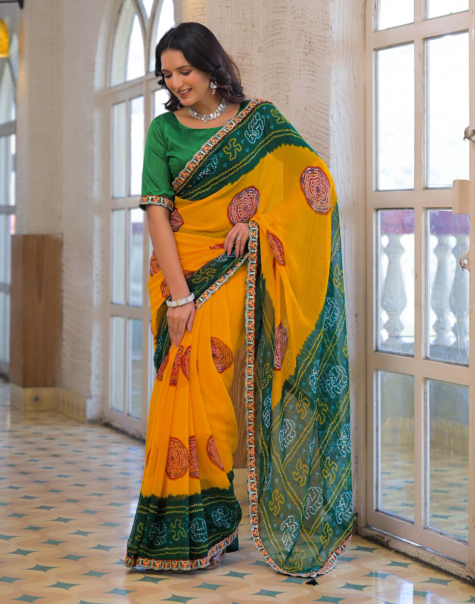 Yellow Georgette Bandhani Printed Lace Saree