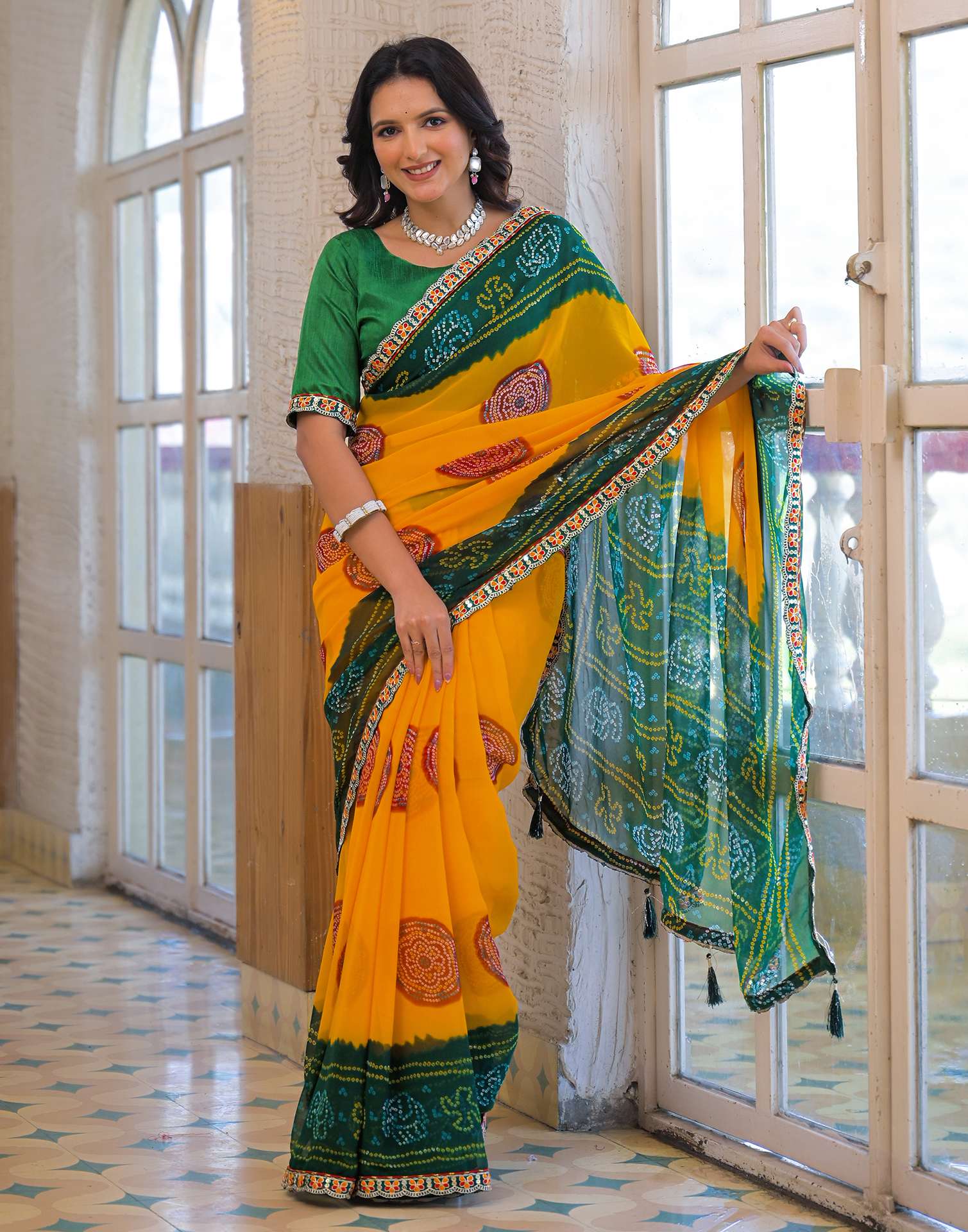 Yellow Georgette Bandhani Printed Lace Saree