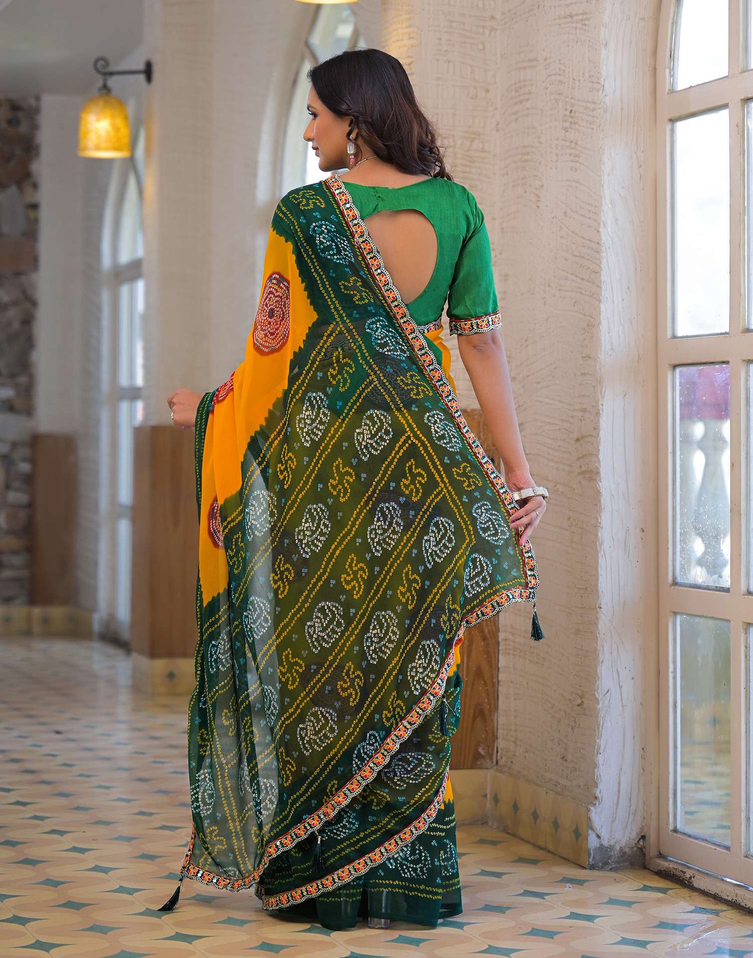 Yellow Georgette Bandhani Printed Lace Saree