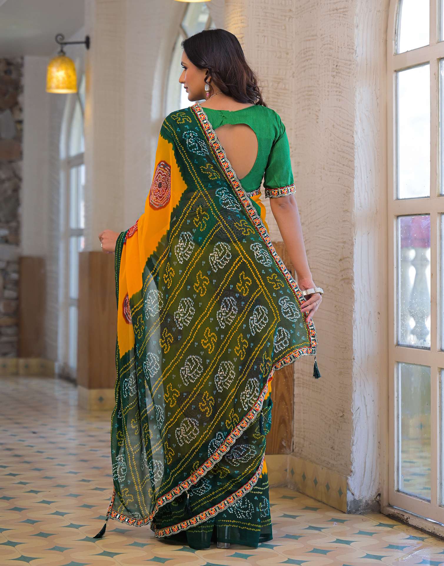 Yellow Georgette Bandhani Printed Lace Saree