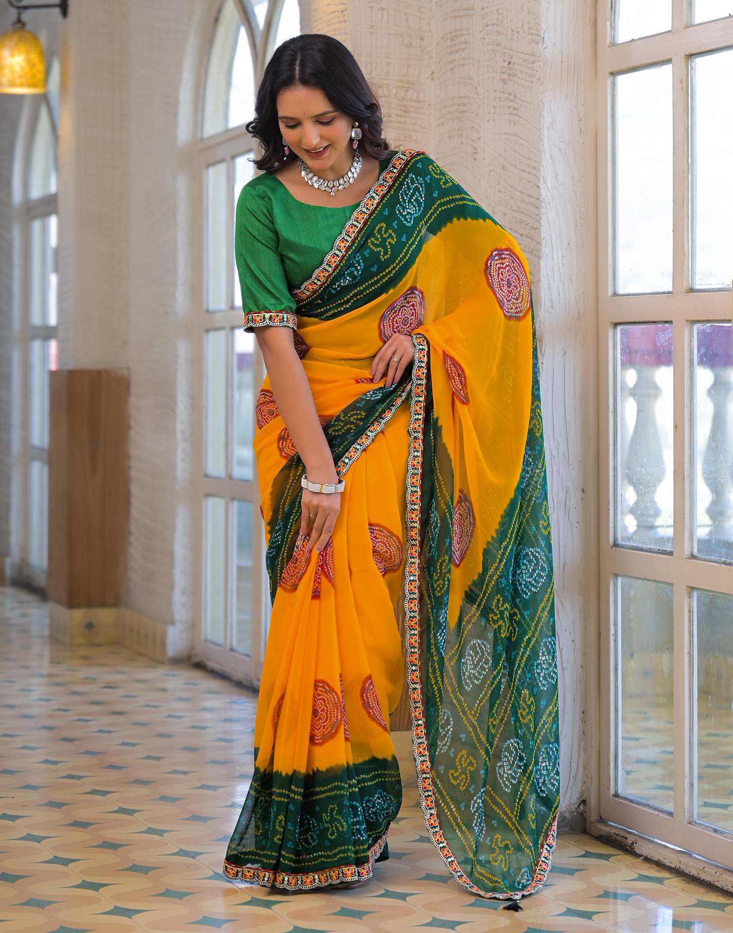 Yellow Georgette Bandhani Printed Lace Saree