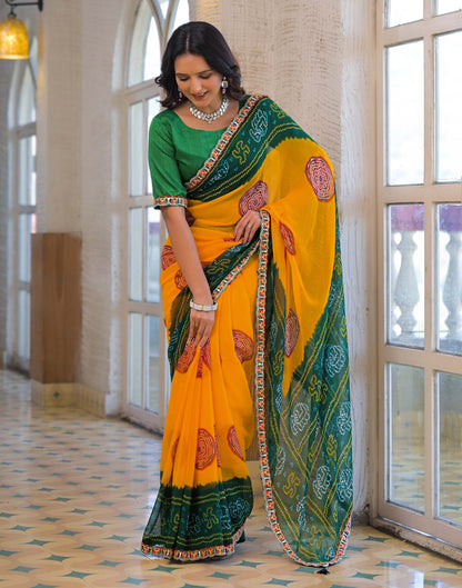 Yellow Georgette Bandhani Printed Lace Saree