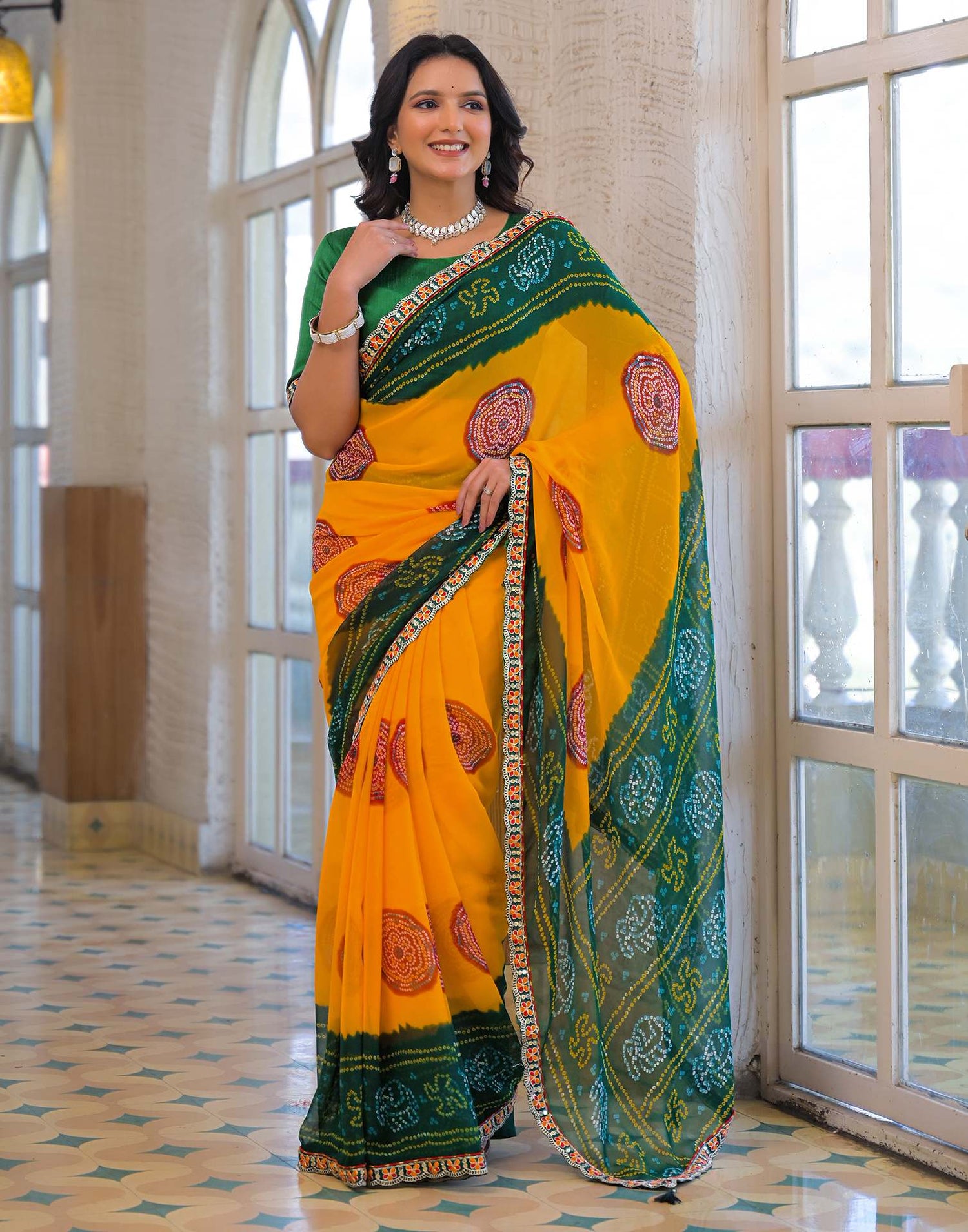 Yellow Georgette Bandhani Printed Lace Saree