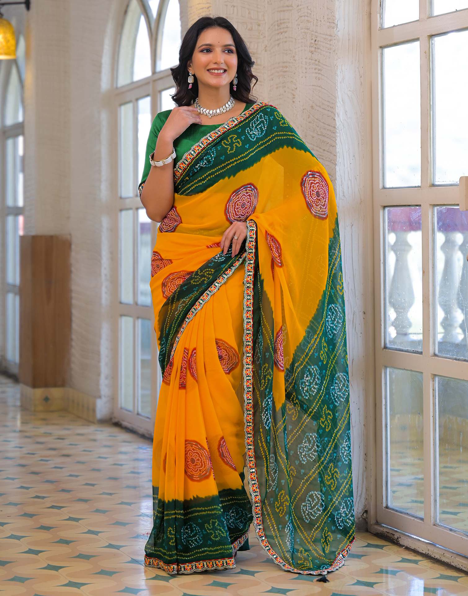 Yellow Georgette Bandhani Printed Lace Saree