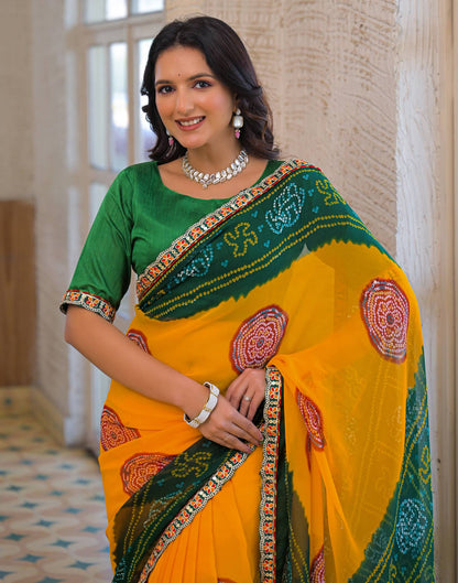 Yellow Georgette Bandhani Printed Lace Saree