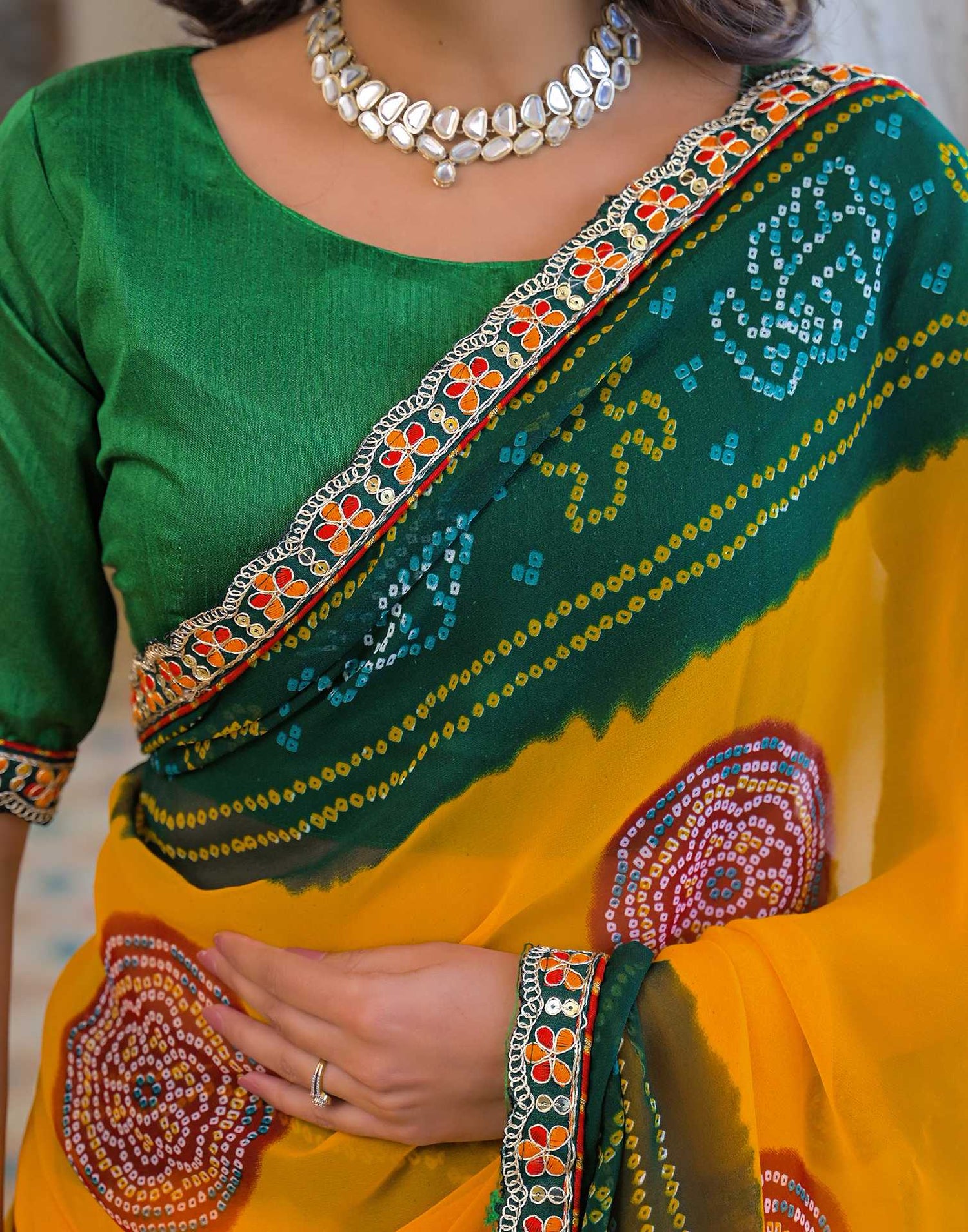 Yellow Georgette Bandhani Printed Lace Saree