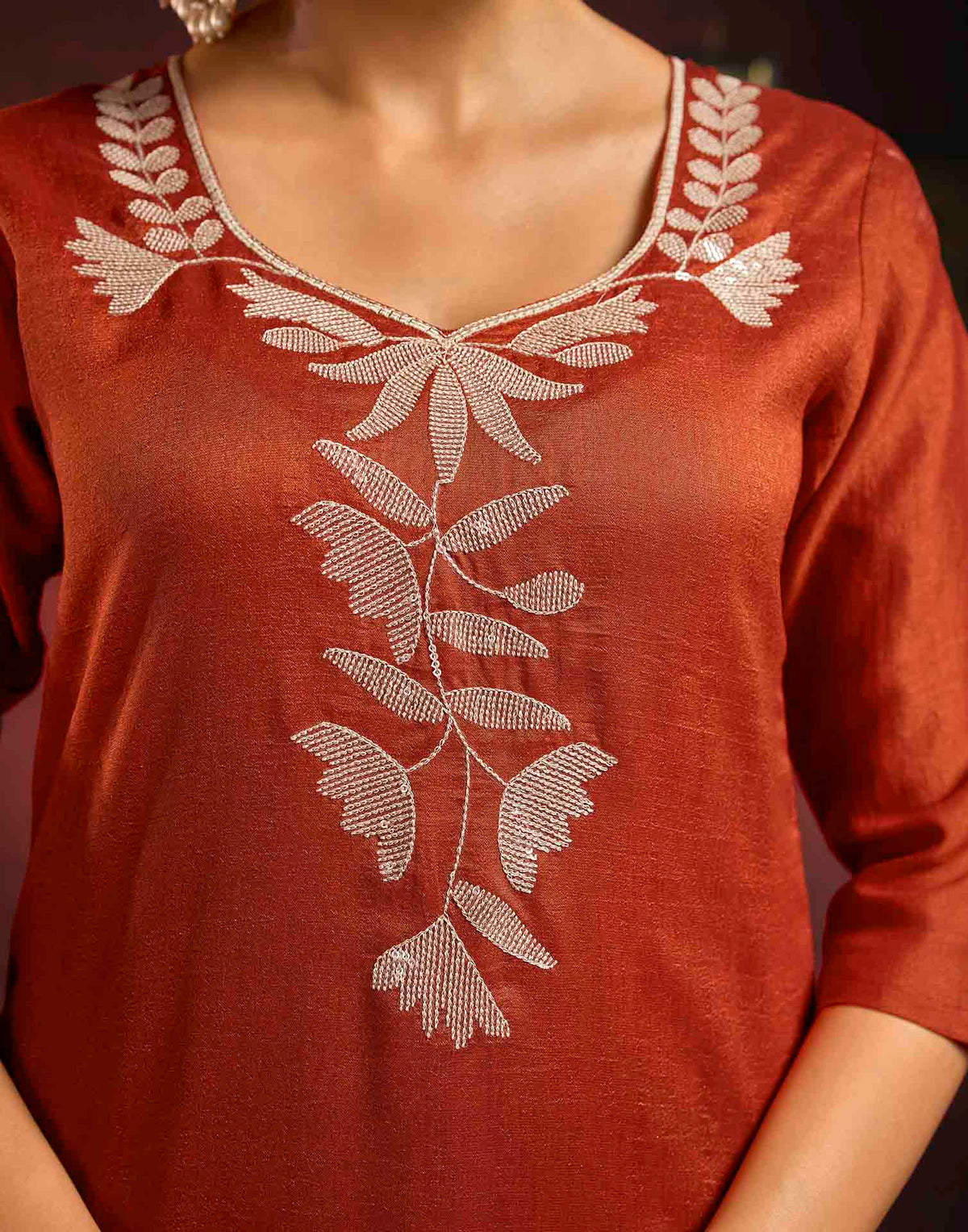 Rust Orange Vichitra Silk Sequence Embroidery Straight Kurta Set With Dupatta