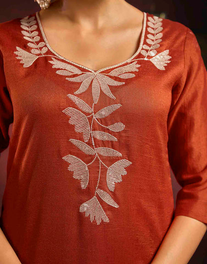 Rust Orange Vichitra Silk Sequence Embroidery Straight Kurta Set With Dupatta