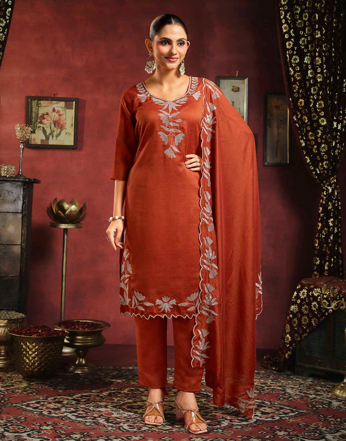 Rust Orange Vichitra Silk Sequence Embroidery Straight Kurta Set With Dupatta