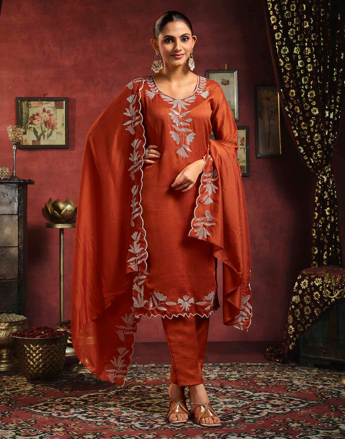 Rust Orange Vichitra Silk Sequence Embroidery Straight Kurta Set With Dupatta