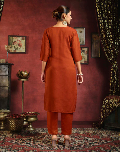 Rust Orange Vichitra Silk Sequence Embroidery Straight Kurta Set With Dupatta