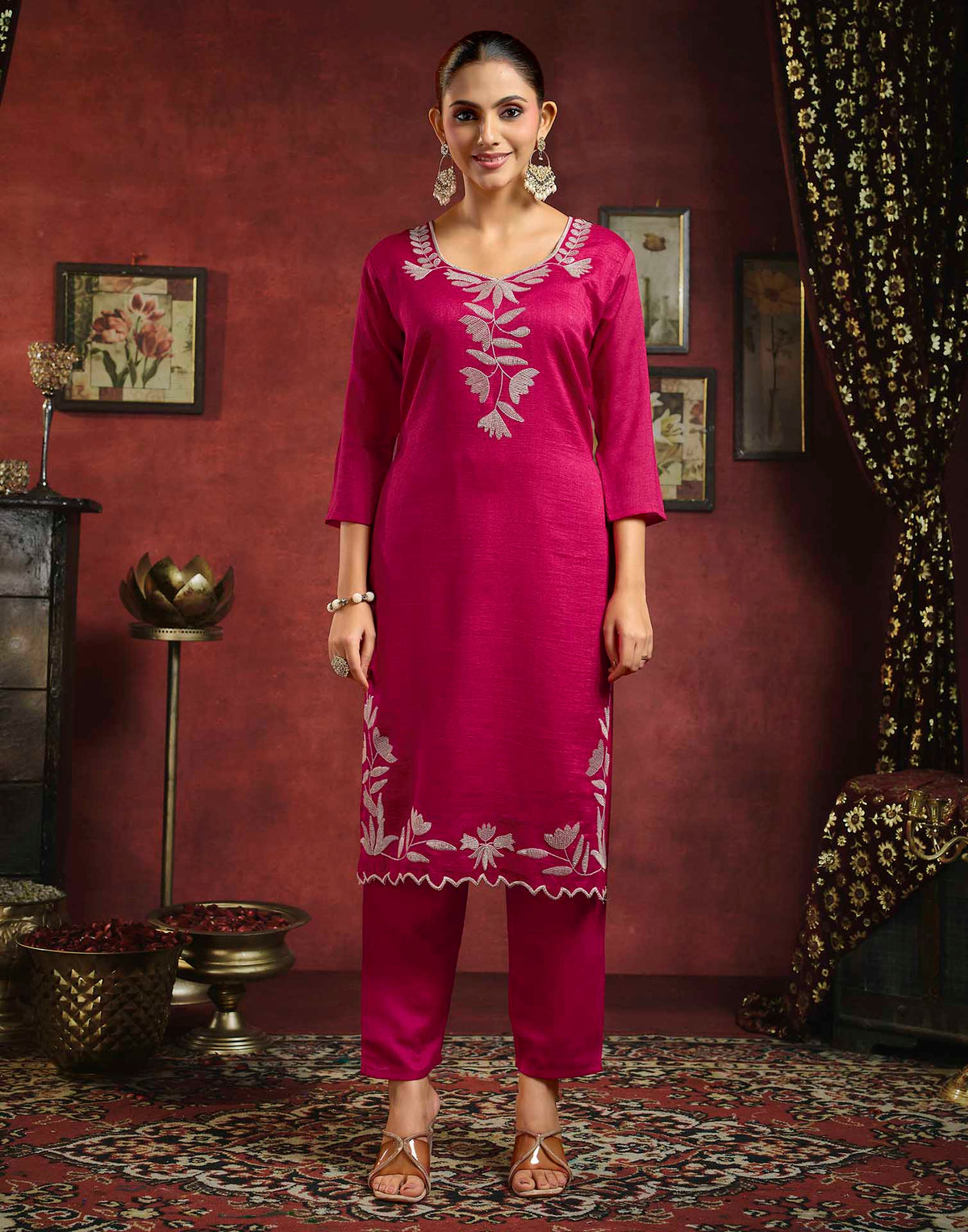 Dark Pink Vichitra Silk Sequence Embroidery Straight Kurta Set With Dupatta