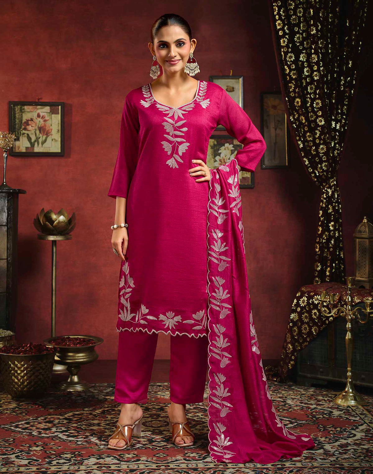Dark Pink Vichitra Silk Sequence Embroidery Straight Kurta Set With Dupatta