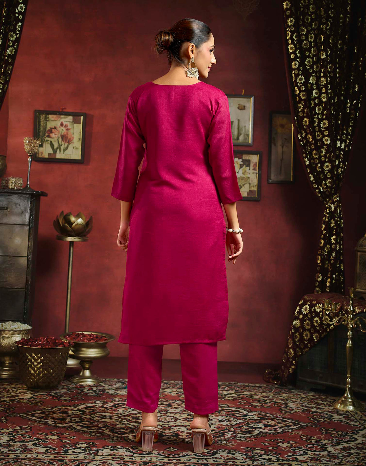 Dark Pink Vichitra Silk Sequence Embroidery Straight Kurta Set With Dupatta