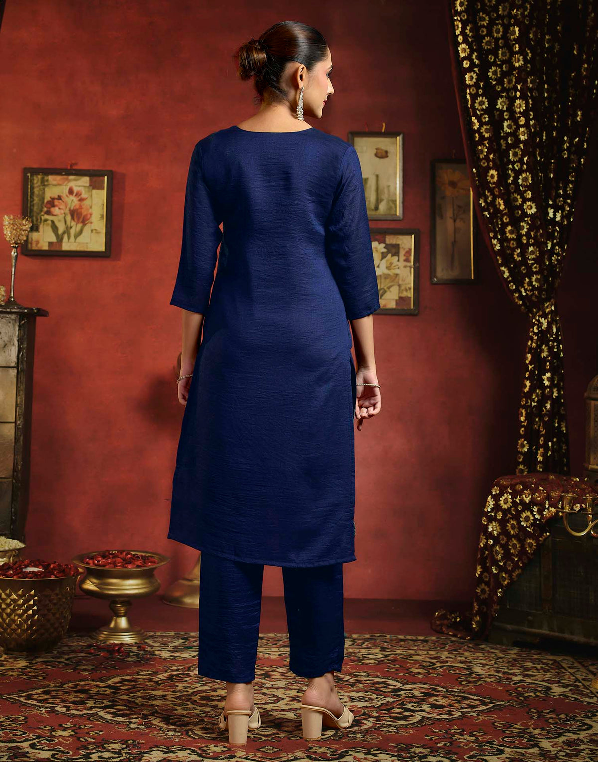 Royal Blue Vichitra Silk Sequence Embroidery Straight Kurta Set With Dupatta