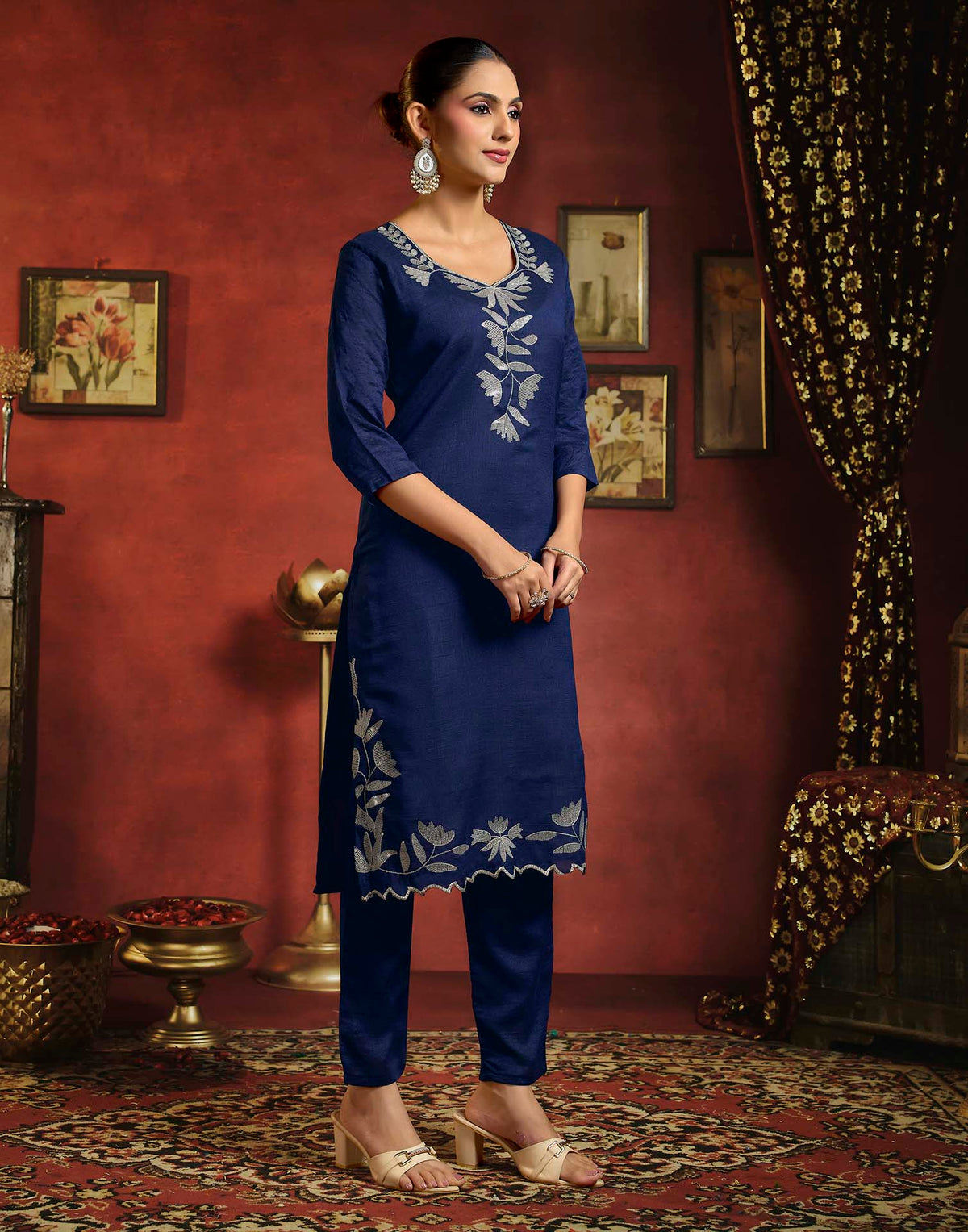 Royal Blue Vichitra Silk Sequence Embroidery Straight Kurta Set With Dupatta