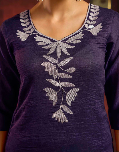 Wine Vichitra Silk Sequence Embroidery Straight Kurta Set With Dupatta