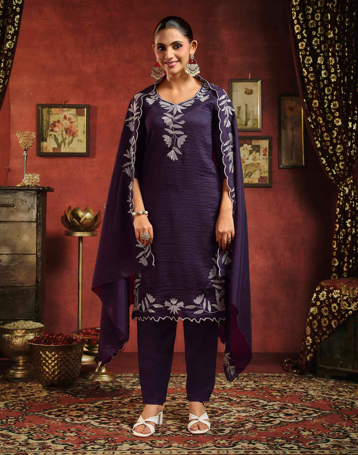 Wine Vichitra Silk Sequence Embroidery Straight Kurta Set With Dupatta