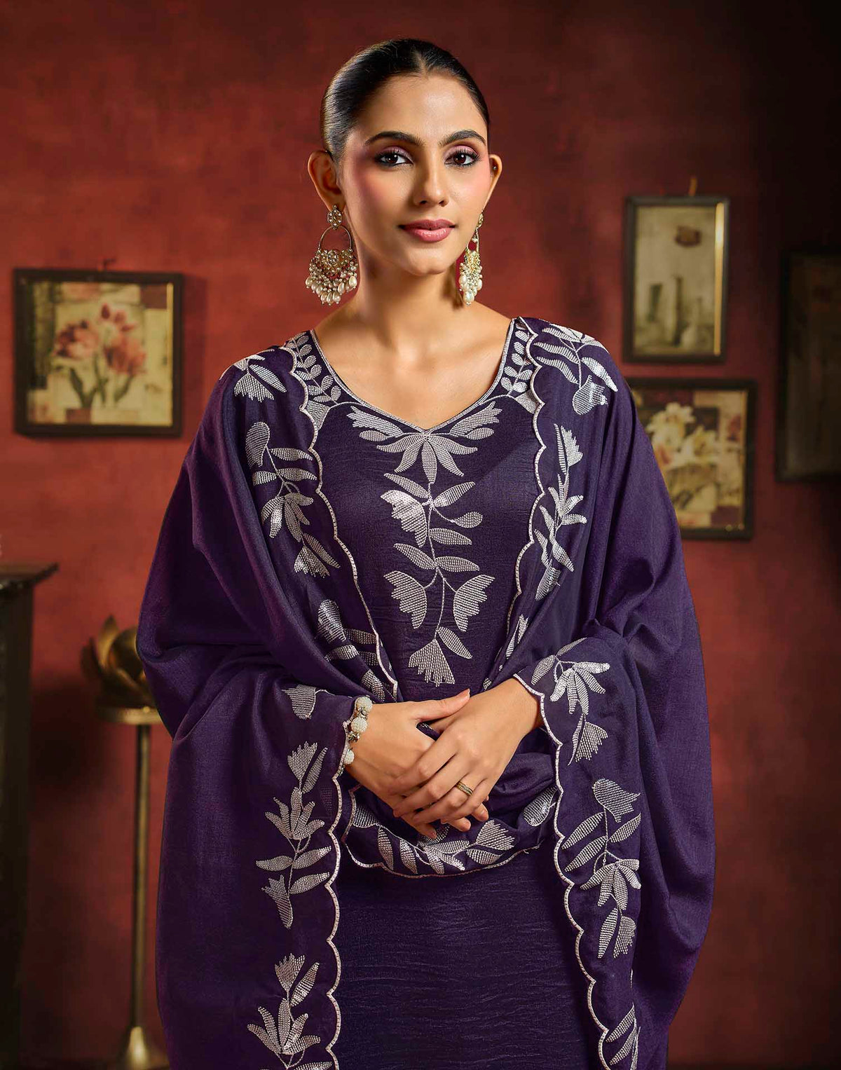 Wine Vichitra Silk Sequence Embroidery Straight Kurta Set With Dupatta