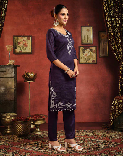 Wine Vichitra Silk Sequence Embroidery Straight Kurta Set With Dupatta