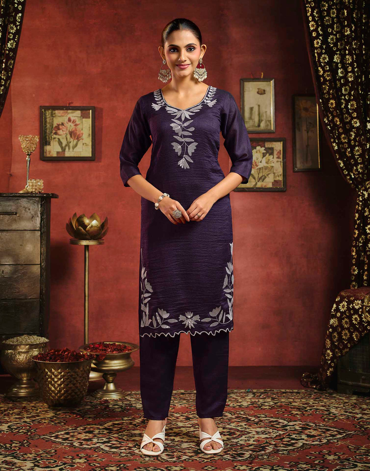 Wine Vichitra Silk Sequence Embroidery Straight Kurta Set With Dupatta