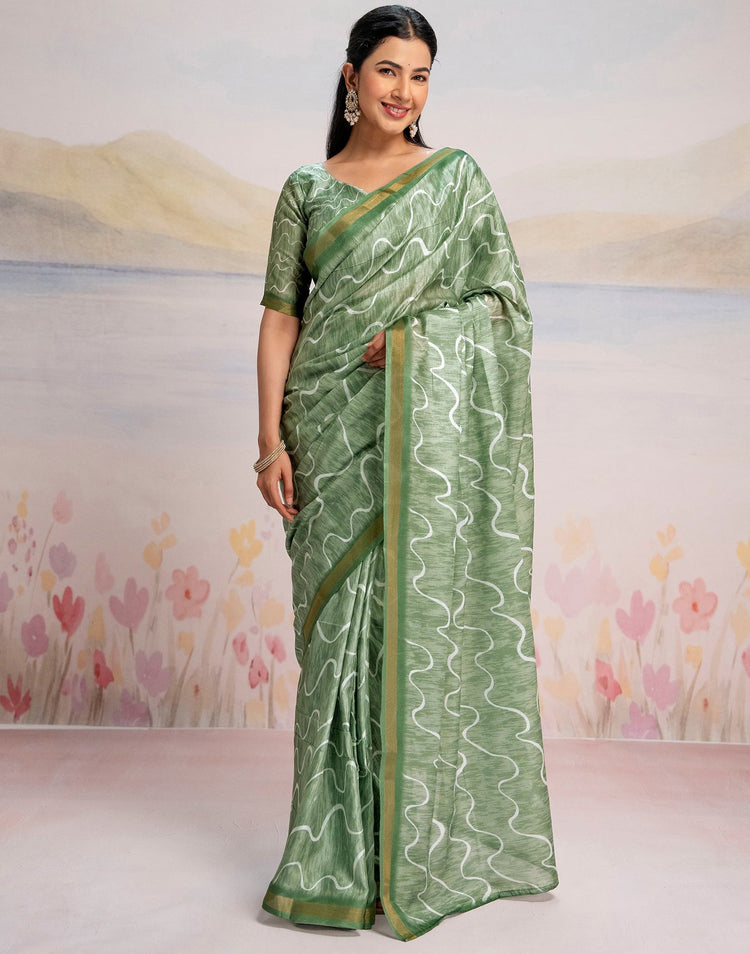 Ready To Wear Pista Green Silk Printed Saree