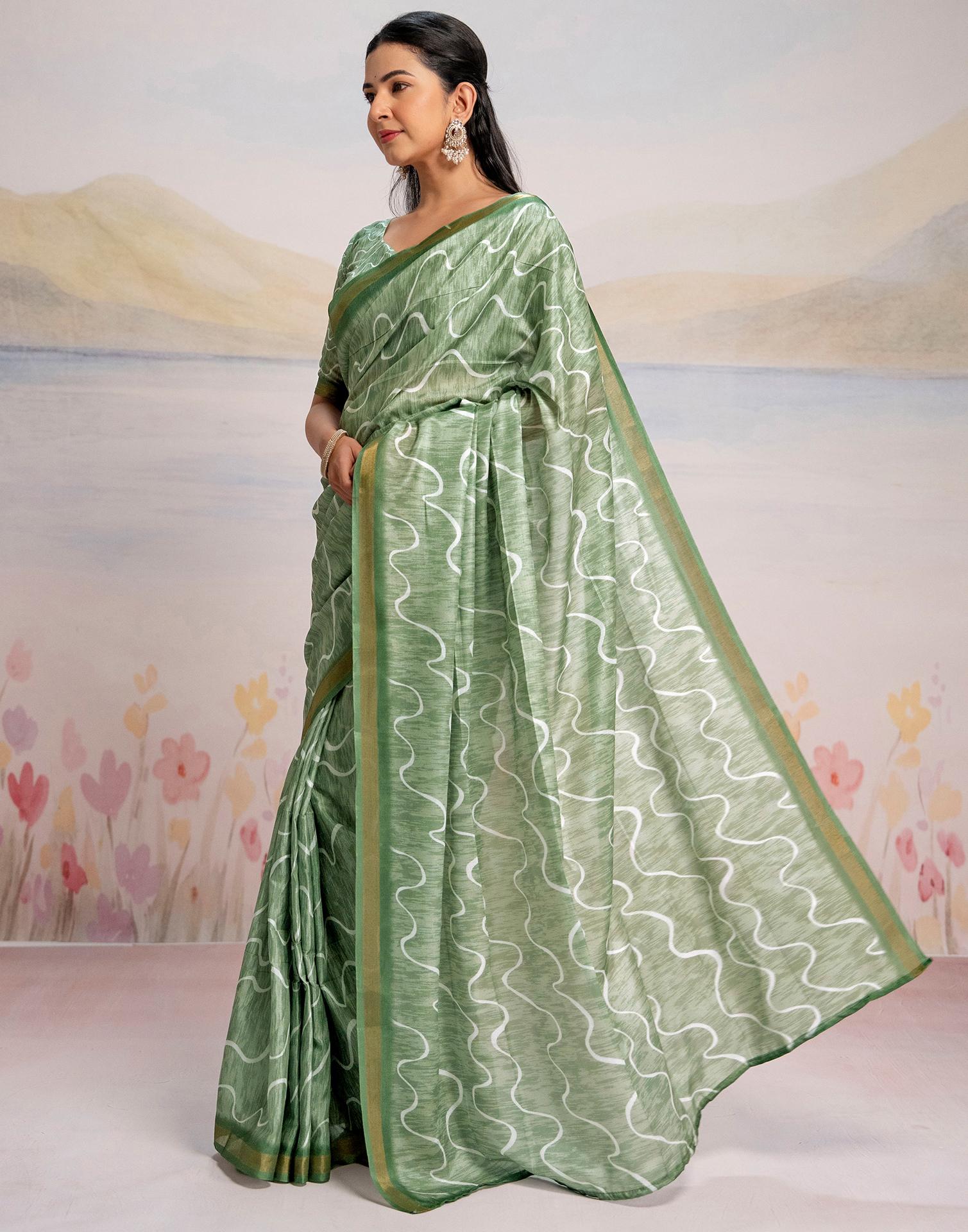 Ready To Wear Pista Green Silk Printed Saree