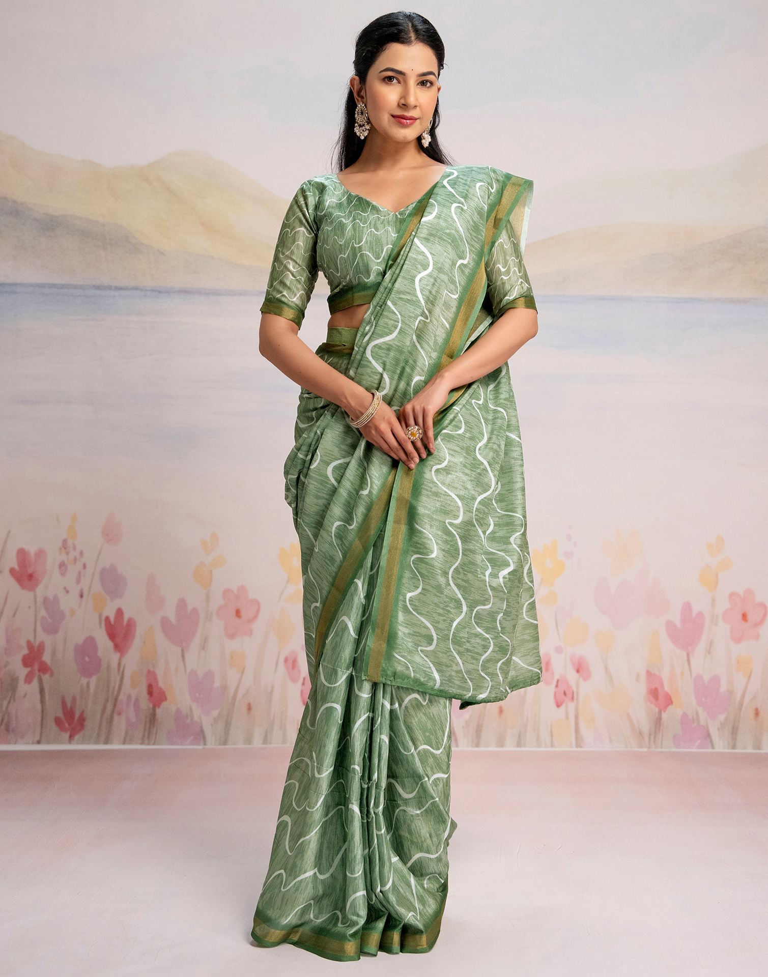 Ready To Wear Pista Green Silk Printed Saree