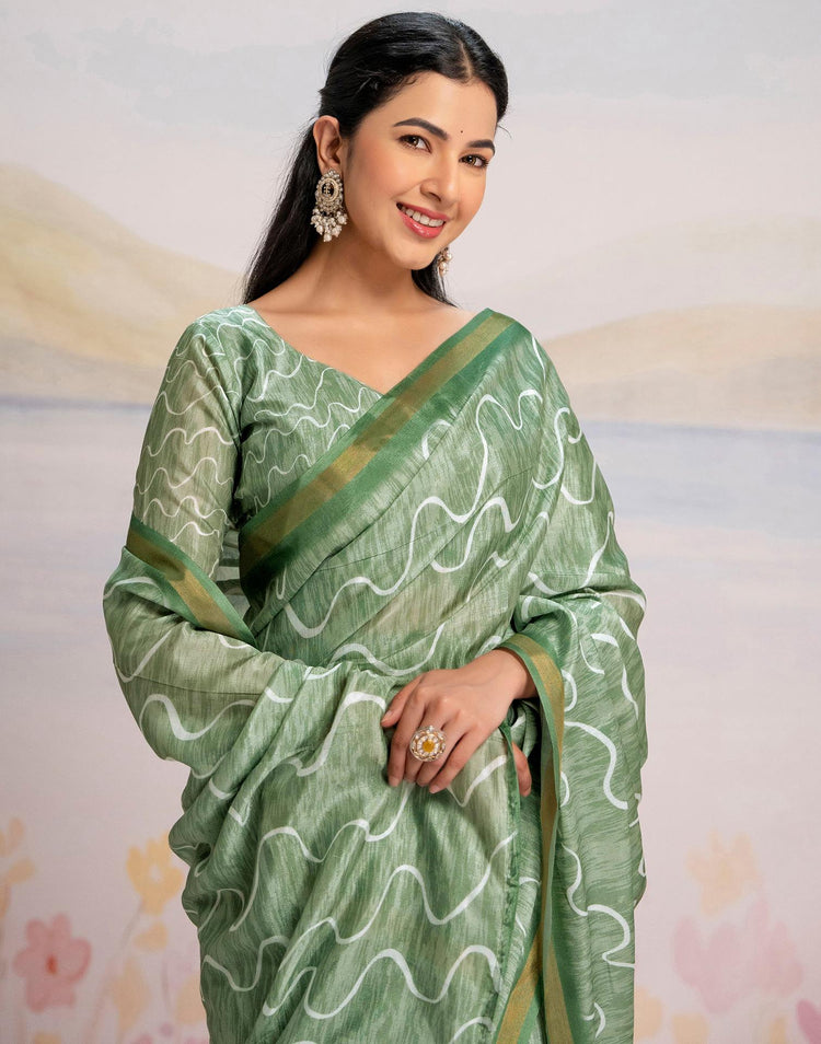 Ready To Wear Pista Green Silk Printed Saree