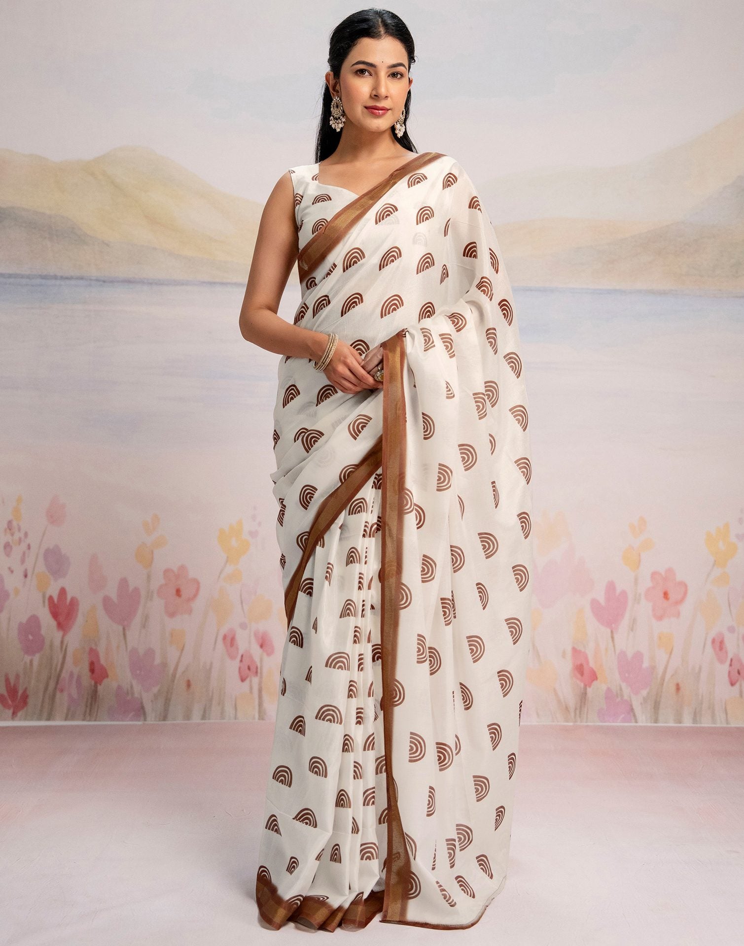 Ready To Wear Off White Silk Printed Saree