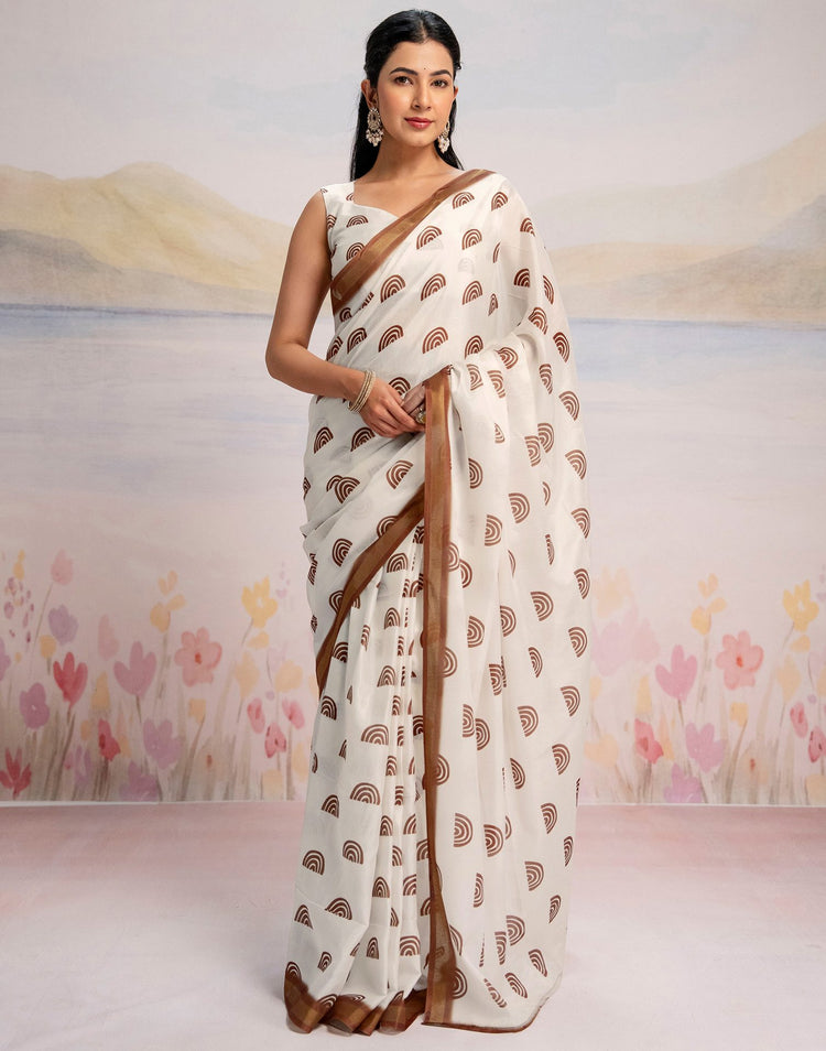 Ready To Wear Off White Silk Printed Saree