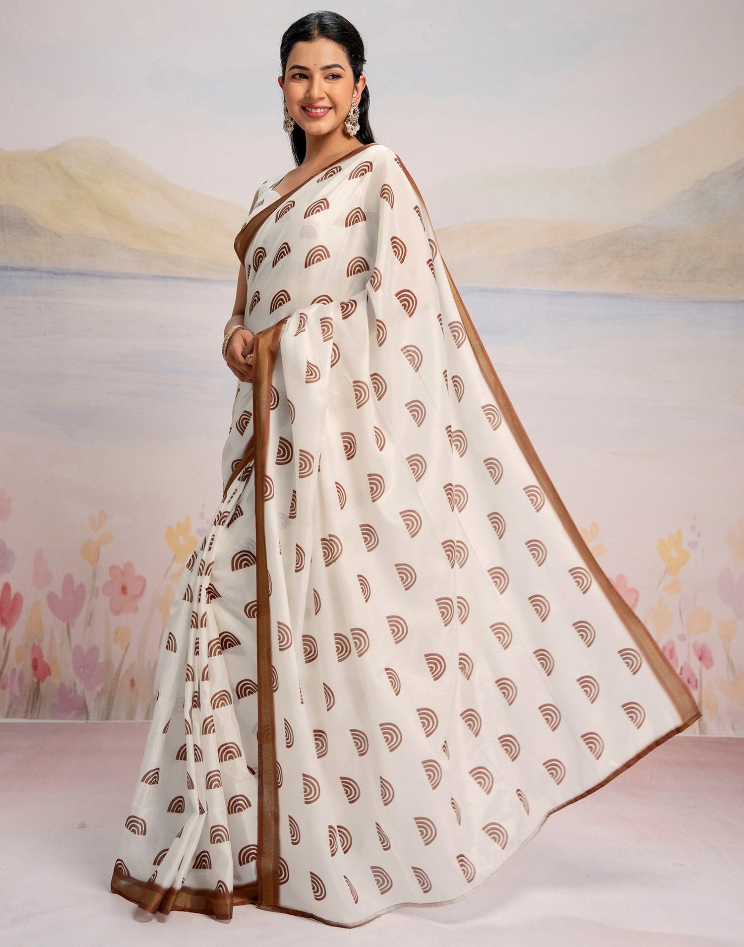 Ready To Wear Off White Silk Printed Saree